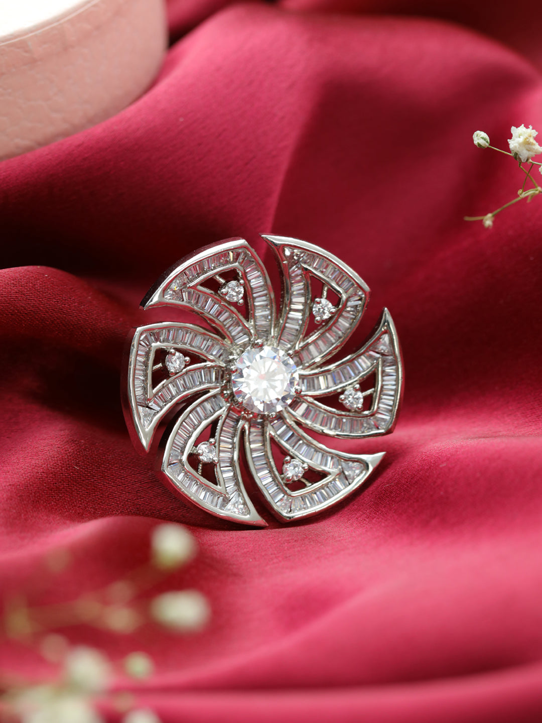 White Rhodium-Plated AD Studded Floral Adjustable Finger Ring - Jazzandsizzle