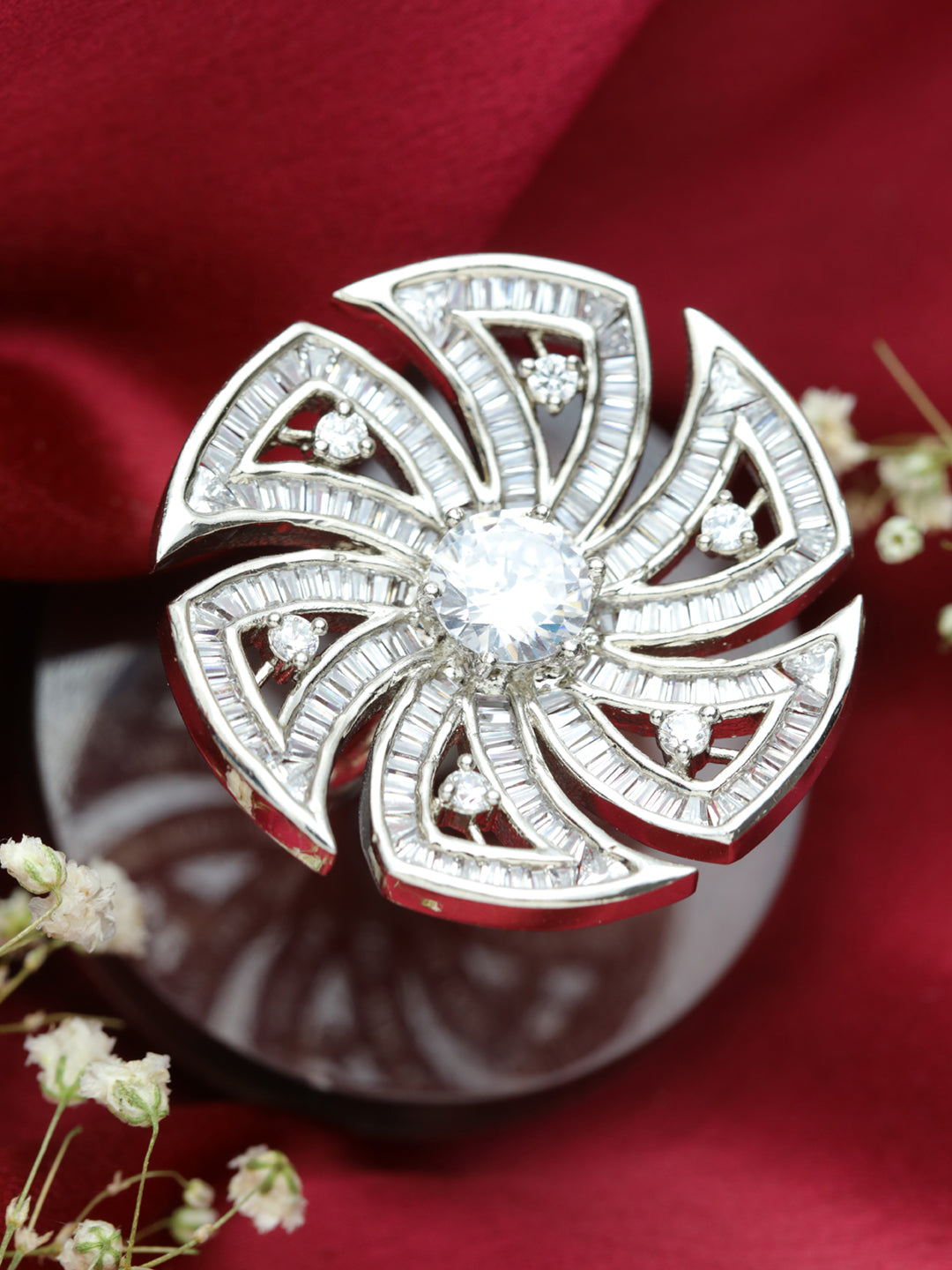 White Rhodium-Plated AD Studded Floral Adjustable Finger Ring - Jazzandsizzle