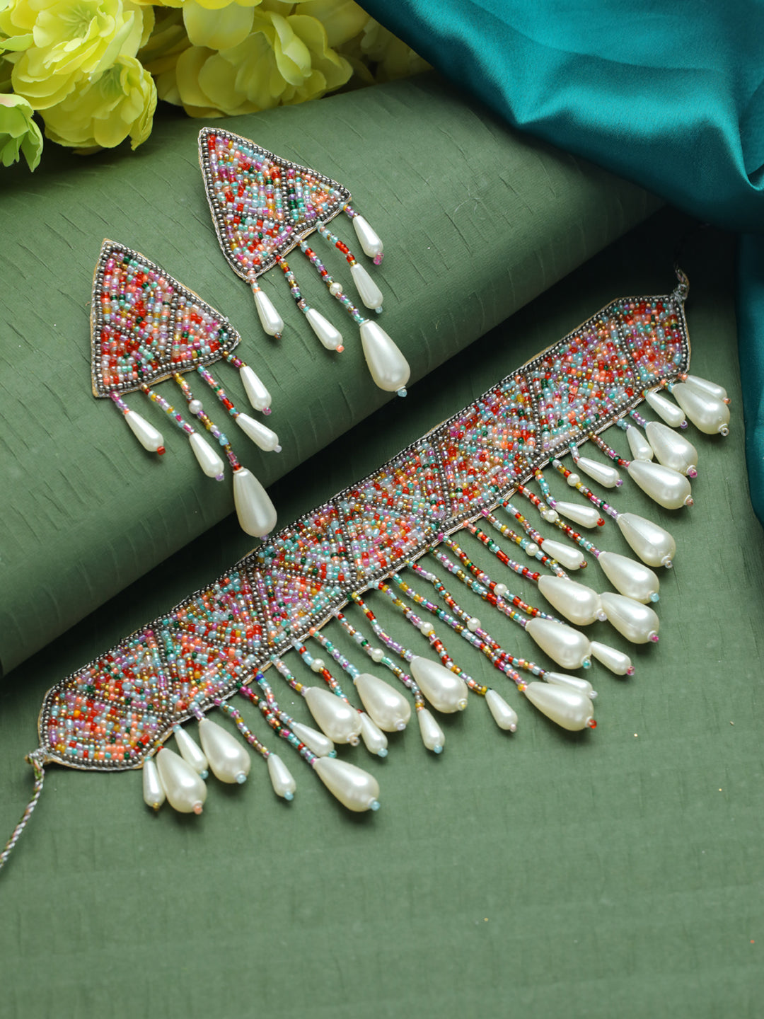 multicolor Pearl-Studded & Beaded Tasselled Choker Handcrafted Jewellery Set - Jazzandsizzle