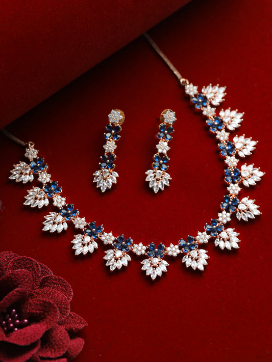 Rose Gold-Plated Blue & white Ameriacna Diamond & CZ-Studded Floral Jewellery Set - Jazzandsizzle