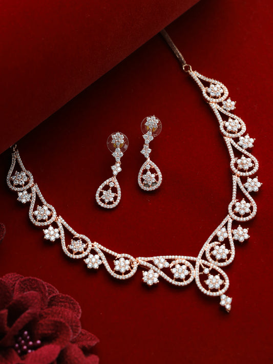 Rose Gold-Plated White American Diamond & CZ Studded Handcrafted Jewellery Set - Jazzandsizzle