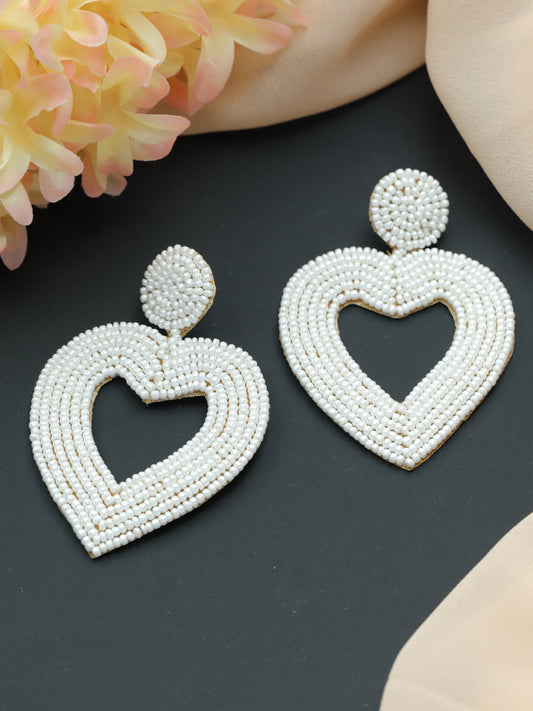 Handwoven Beads & white Heart Shaped Contemporary Design Handcrafted Drop Earrings - Jazzandsizzle