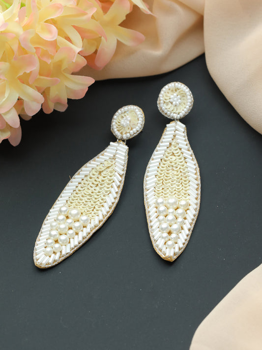 White & Gold-Toned Teardrop Handcrafted Beaded & Pearl Work Drop Earrings - Jazzandsizzle