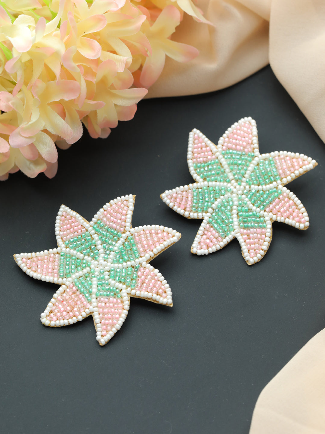 Woman Pink & Green Star Shaped Embroidered Stud Earrings - Jazzandsizzle