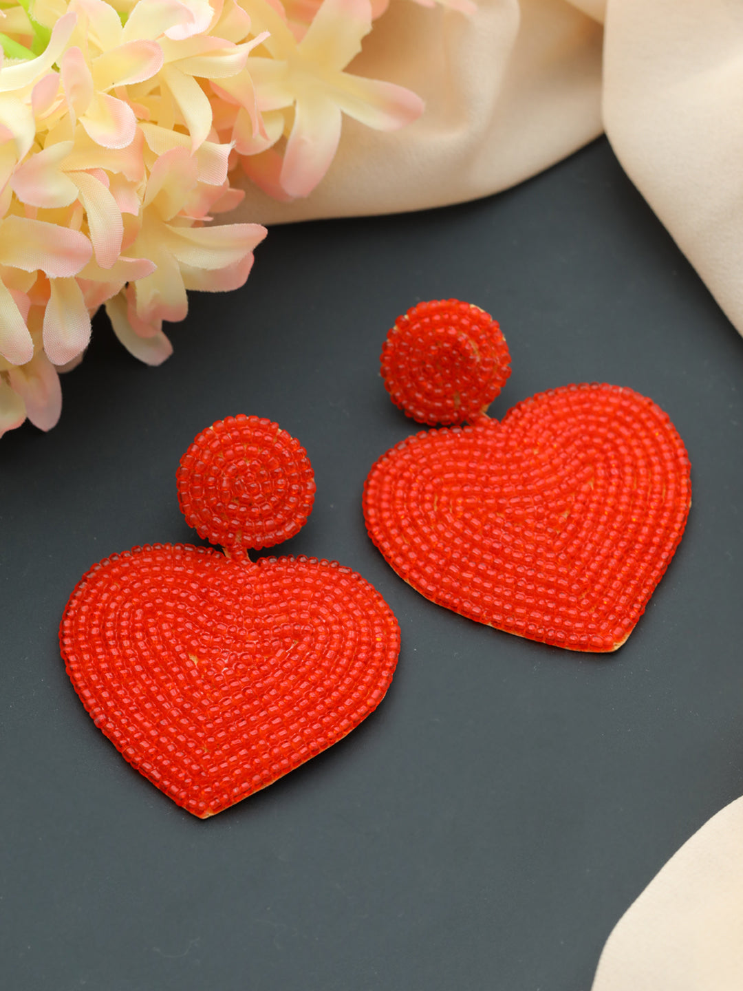 Handwoven Beads & Red Heart Shaped Contemporary Design Handcrafted Drop Earrings