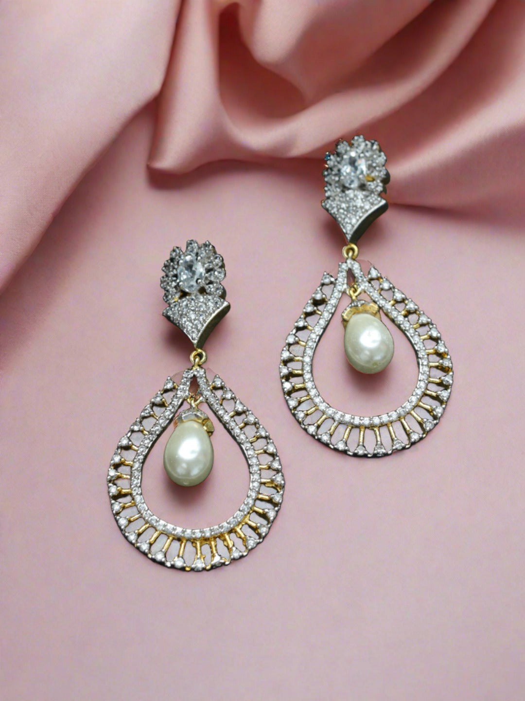 Pearl Drop & American Diamond Studded Pear Shaped Earrings - Jazzandsizzle