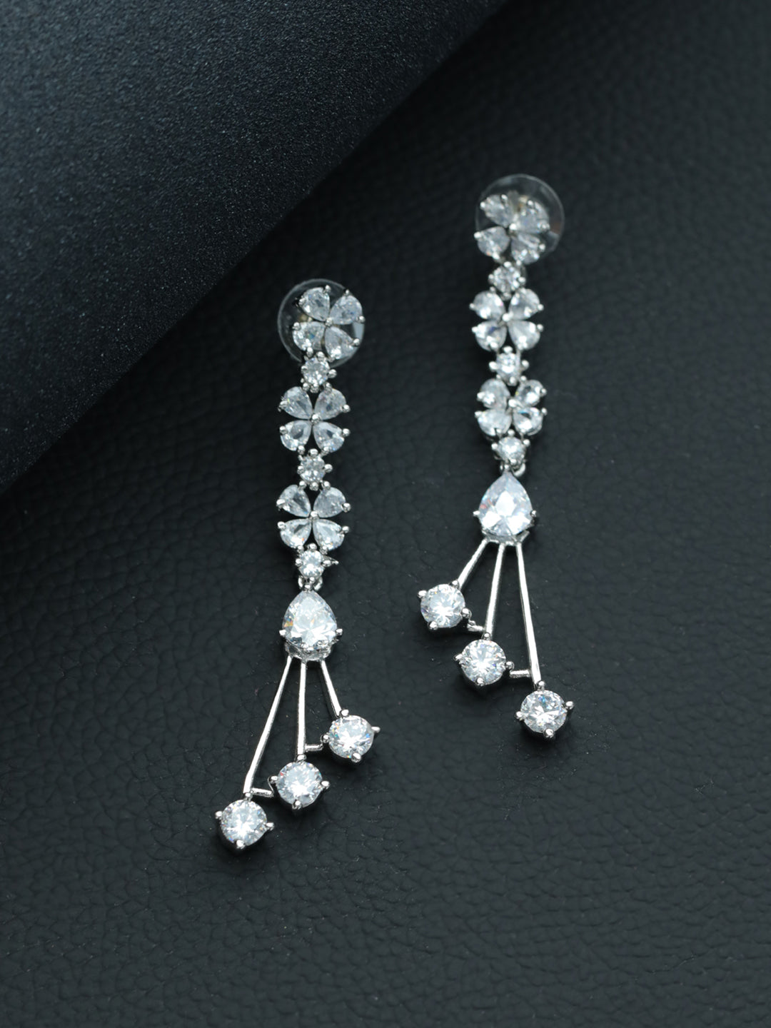 White & Silver Plated Classic AD Studded Drop Earrings - Jazzandsizzle