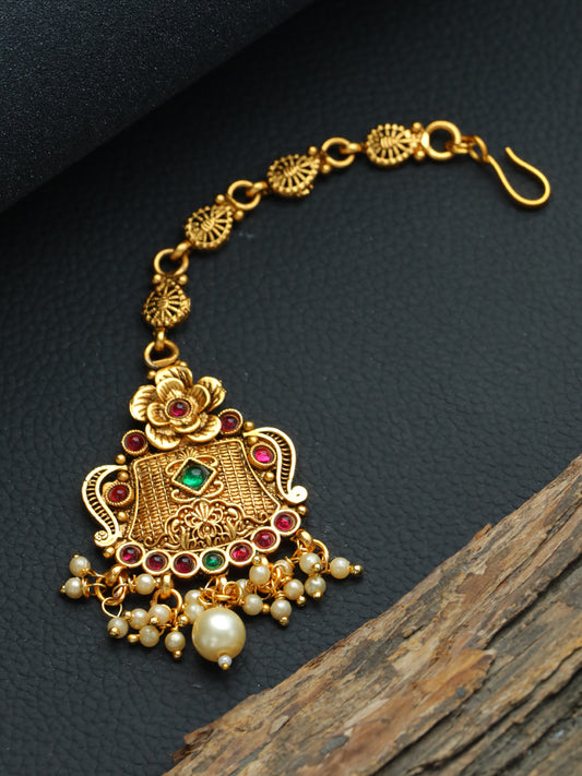 Gold-Plated Green & Red Stone-Studded & Beaded Floral Temple Maang Tikka - Jazzandsizzle