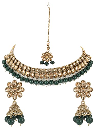 Green Kundan Stones Gold Plated Choker Set with MaangTikka - Jazzandsizzle