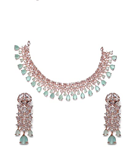 Mint Green American Diamond Rose Gold Plated Jewellery Set - Jazzandsizzle