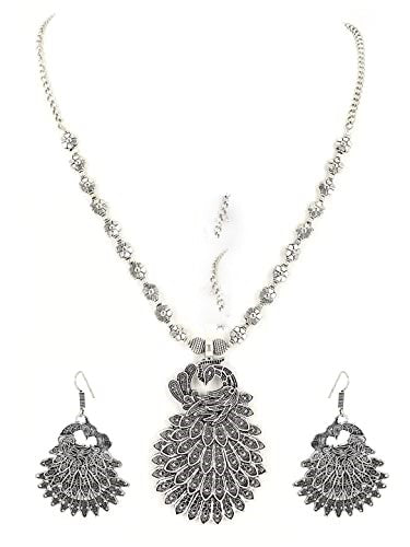 German Silver Oxidised Peacock Jewellery set with Ring and NosePin - Jazzandsizzle