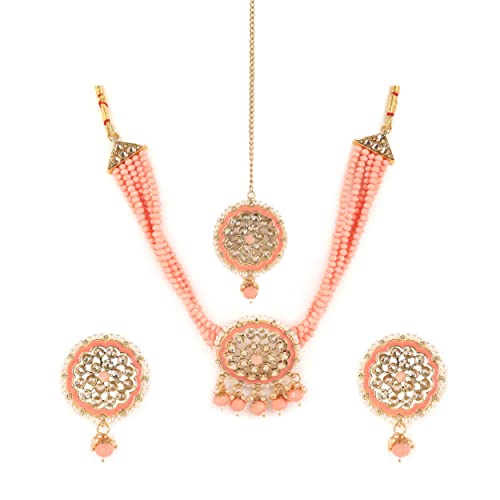 Peach Beads Kundan Gold Plated Traditional Choker Set with Maangtika - Jazzandsizzle