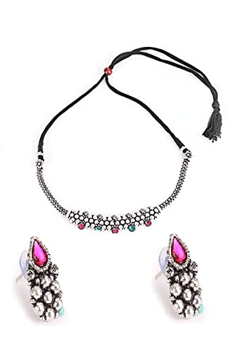 Silver-Toned Oxidized Pink& Green Stone studded Peacock Jewellery Set - Jazzandsizzle