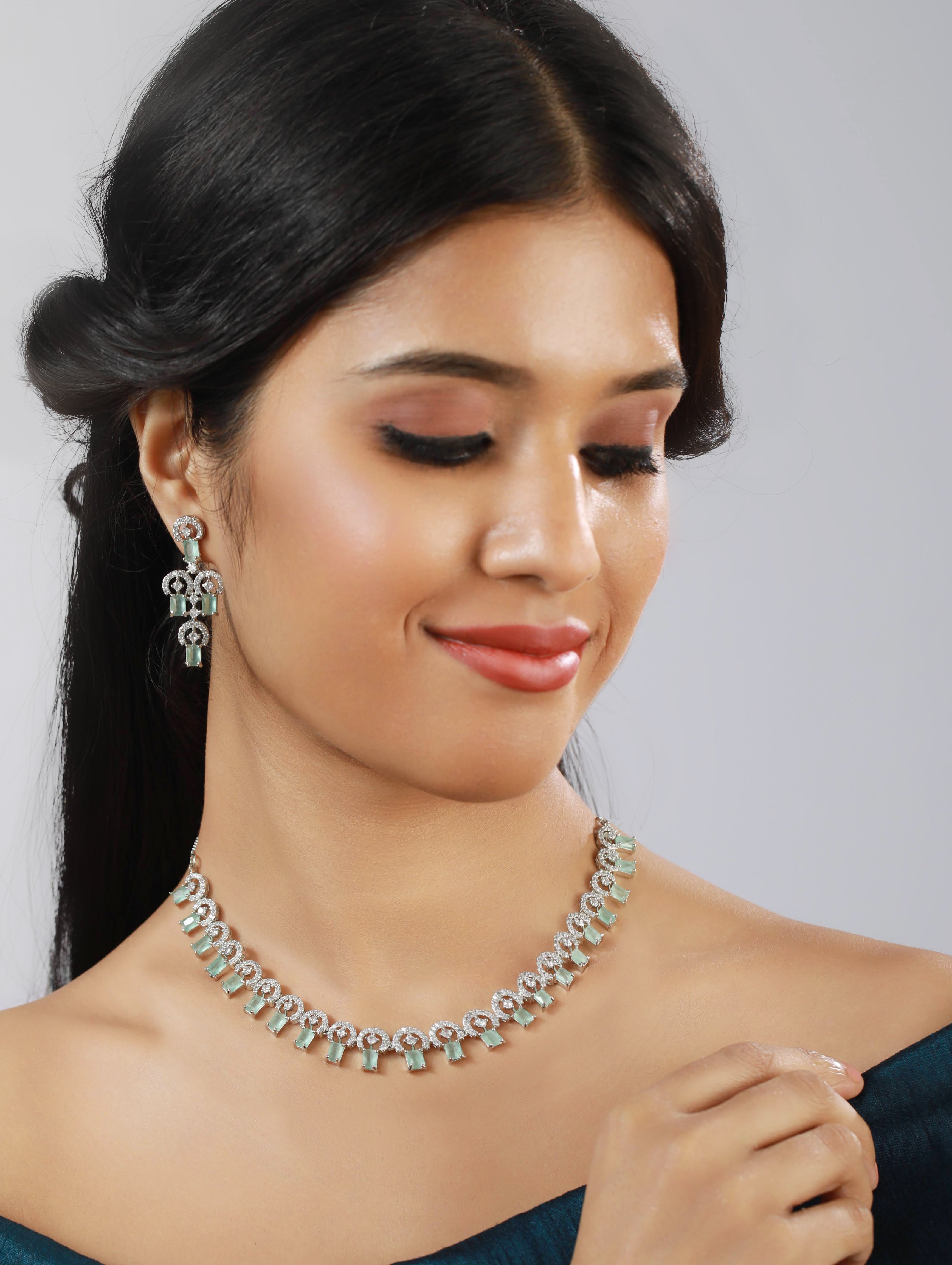 Silver-Plated CZ Studded Pastel Green American Diamond Handcrafted Necklace Set - Jazzandsizzle