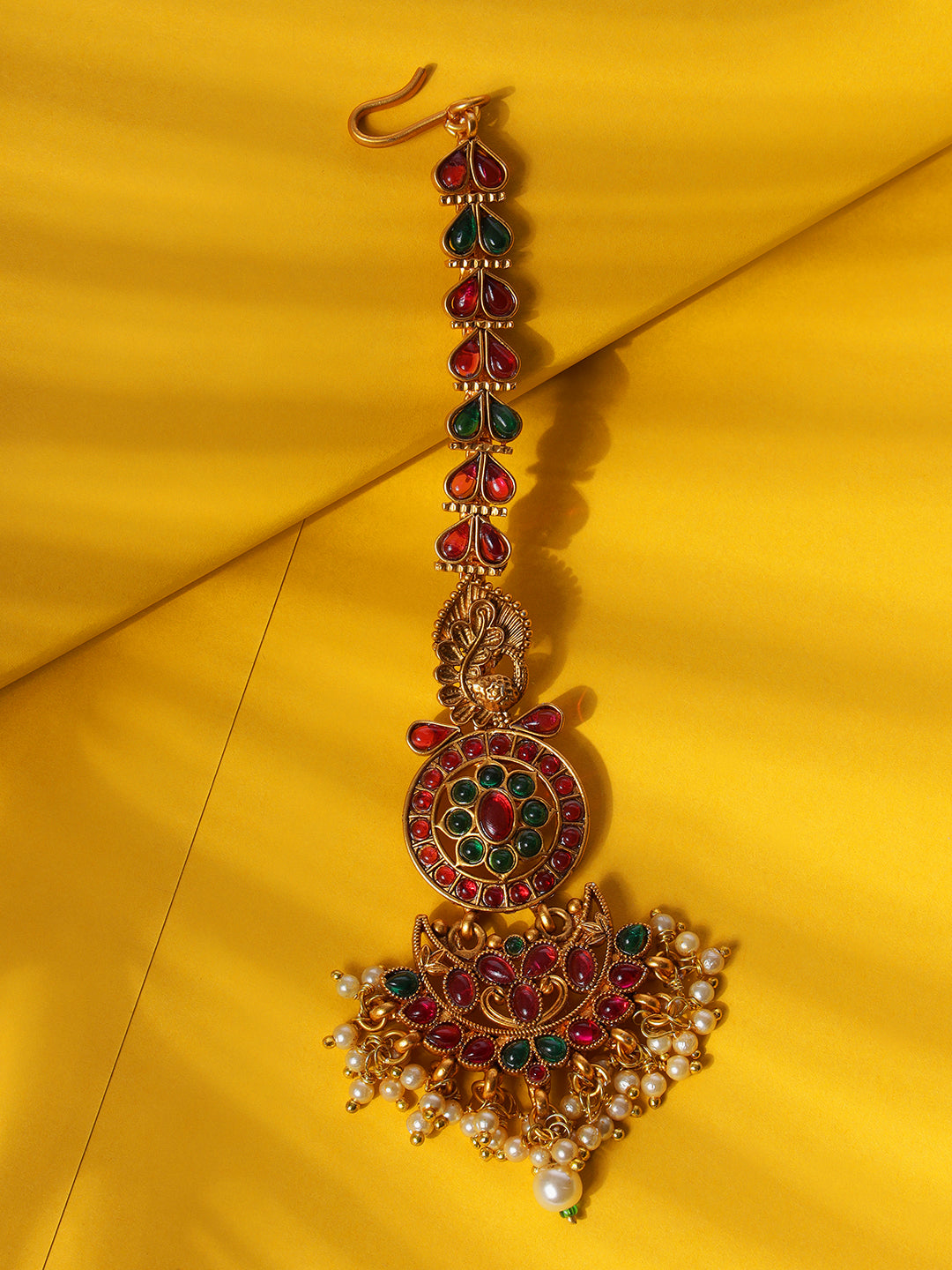 Gold Plated Red & Green Kemp Studded & Pearl Beaded Peacock Maangtikka - Jazzandsizzle