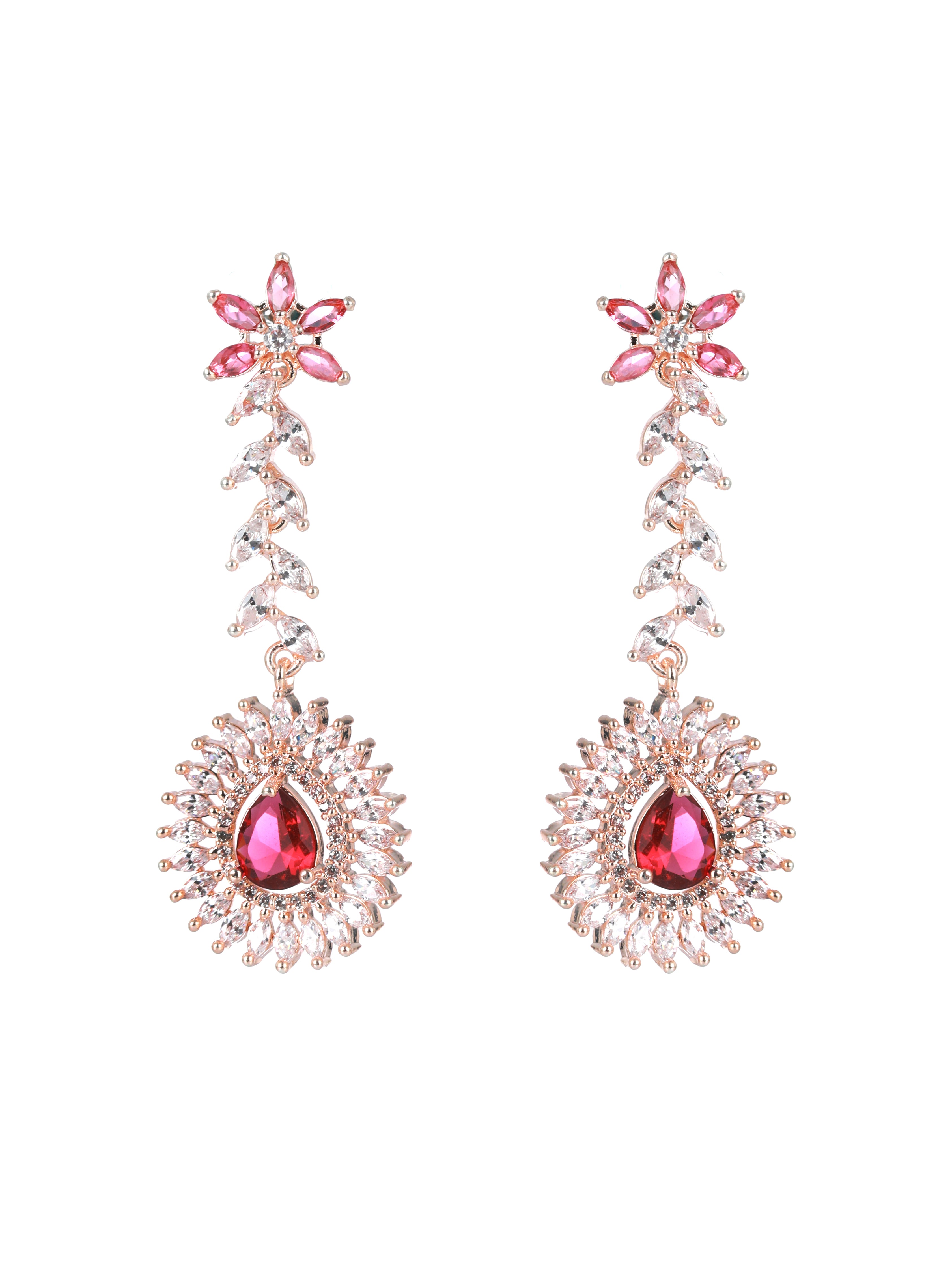 Rose Gold-Plated Red American Diamond & CZ Studded Handcrafted Jewellery Set - Jazzandsizzle