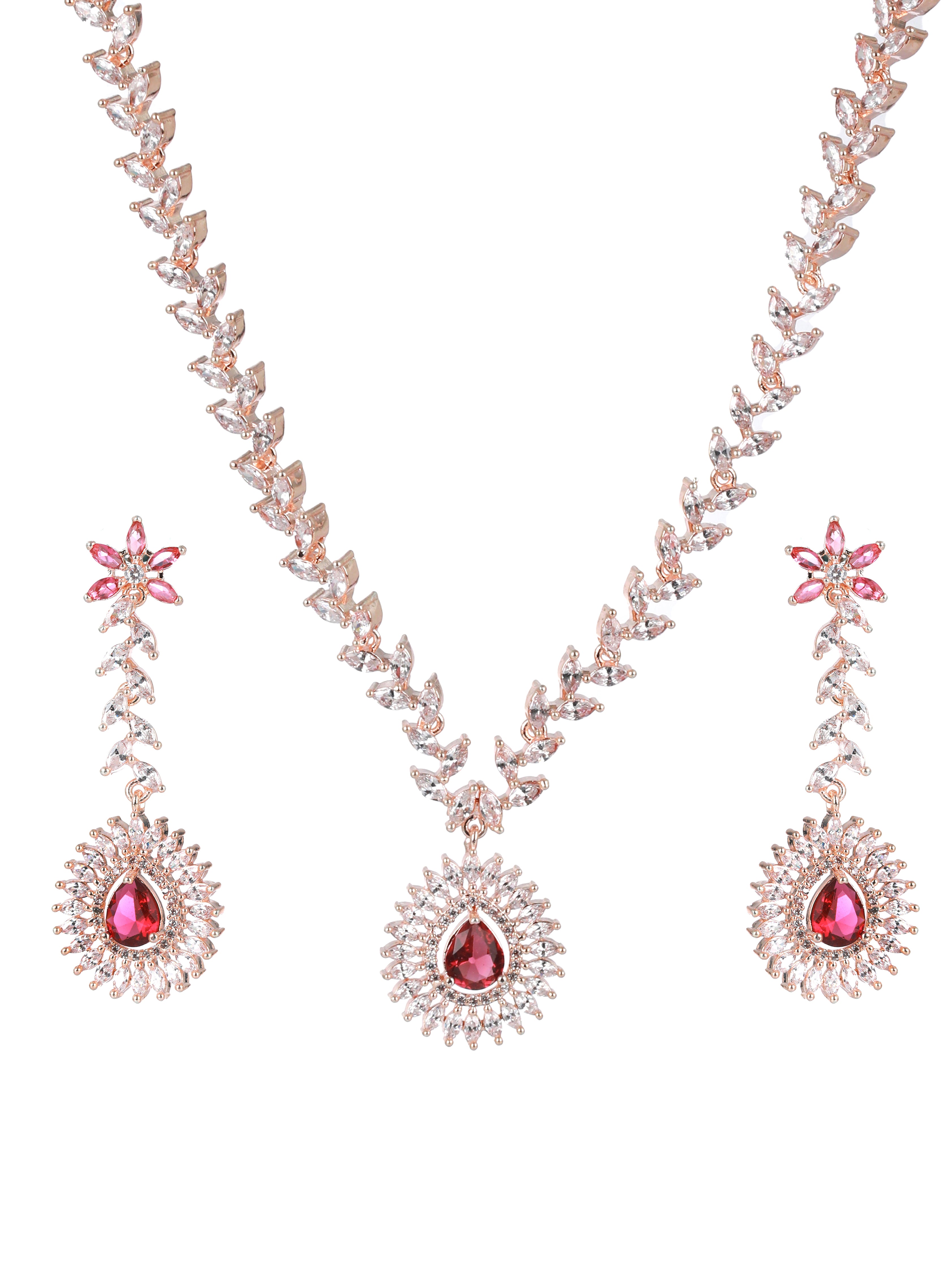 Rose Gold-Plated Red American Diamond & CZ Studded Handcrafted Jewellery Set - Jazzandsizzle