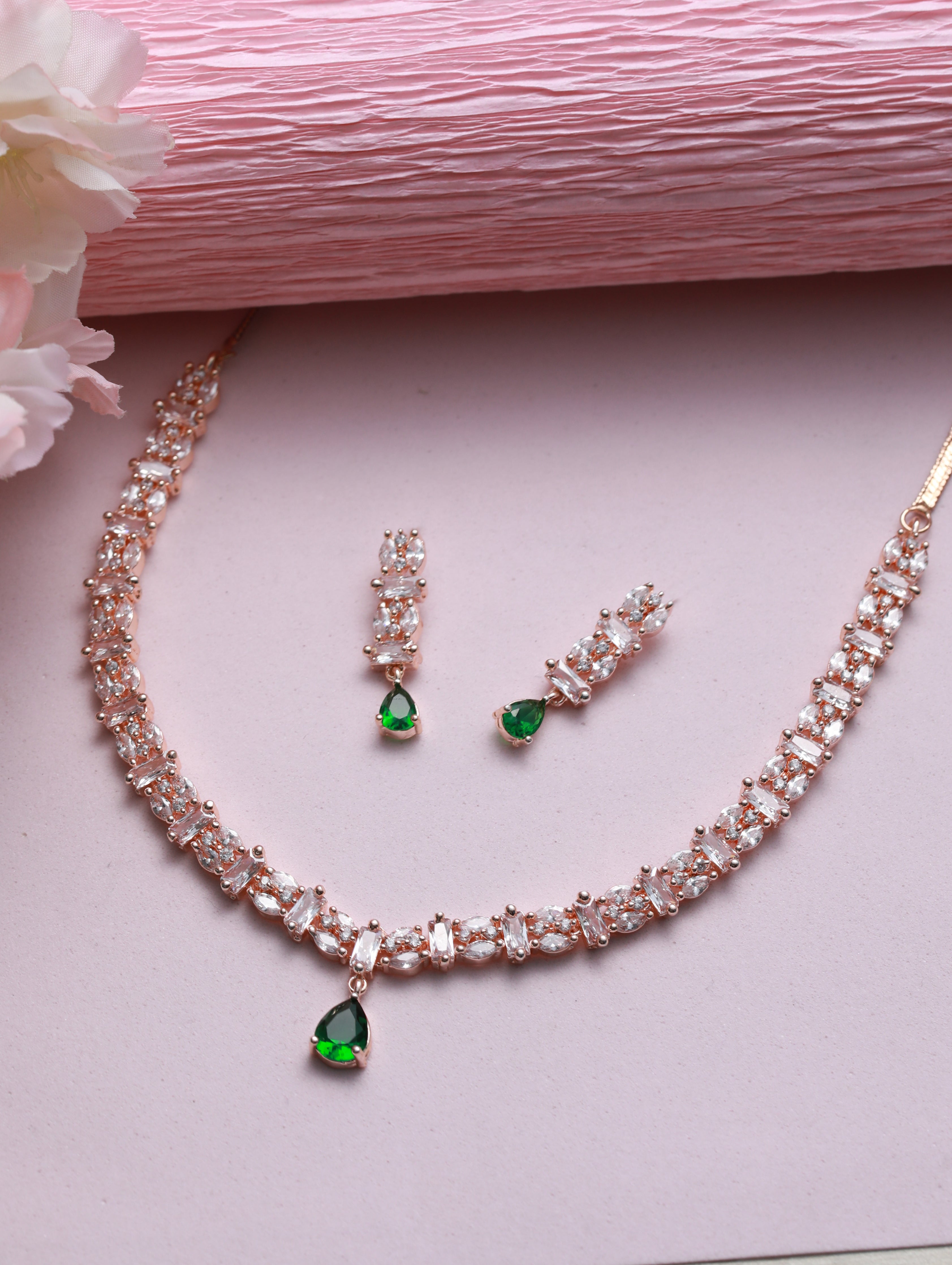 Rose Gold-Plated Green American Diamond & CZ-Studded Jewellery Set - Jazzandsizzle
