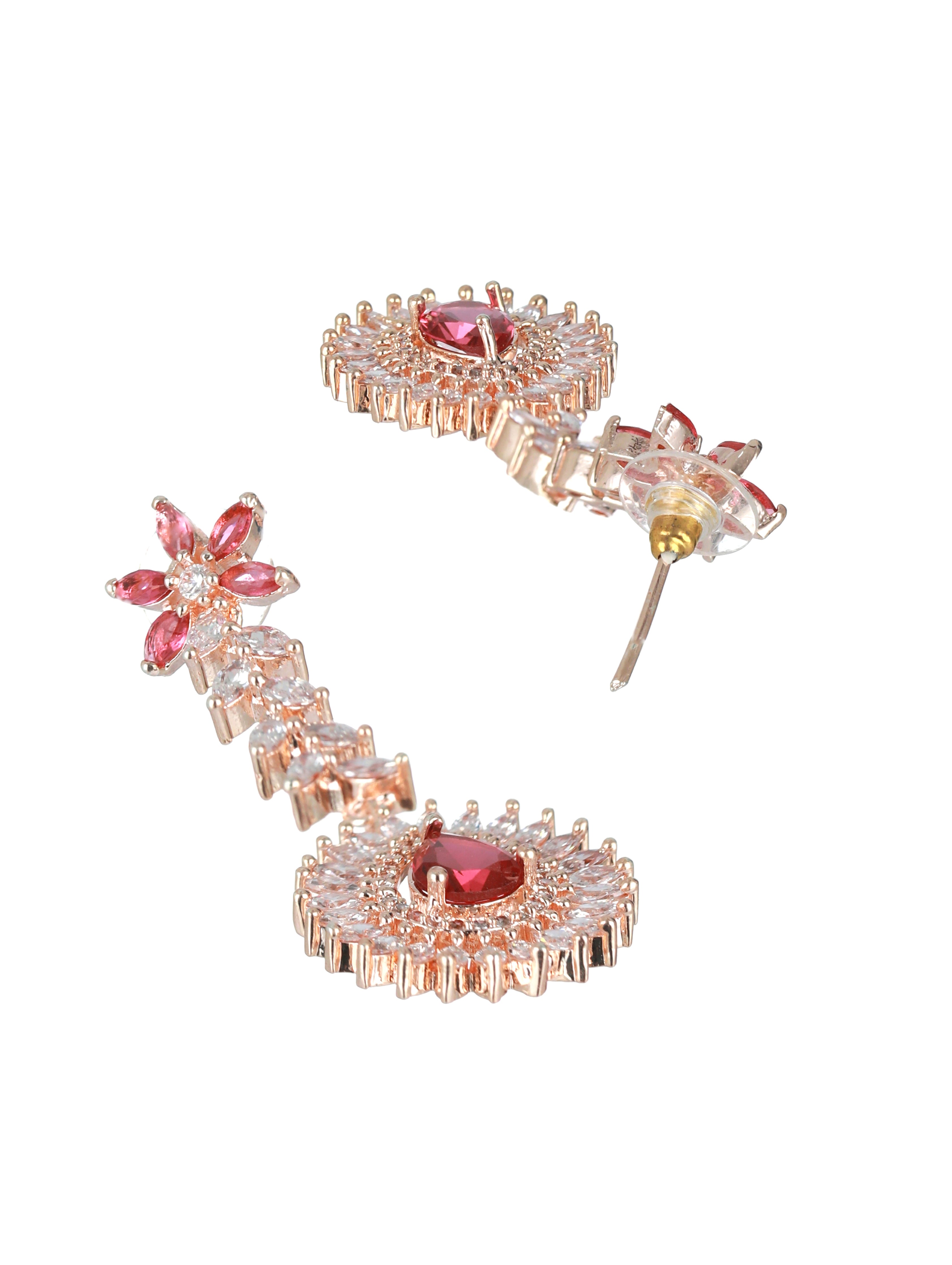 Rose Gold-Plated Red American Diamond & CZ Studded Handcrafted Jewellery Set - Jazzandsizzle
