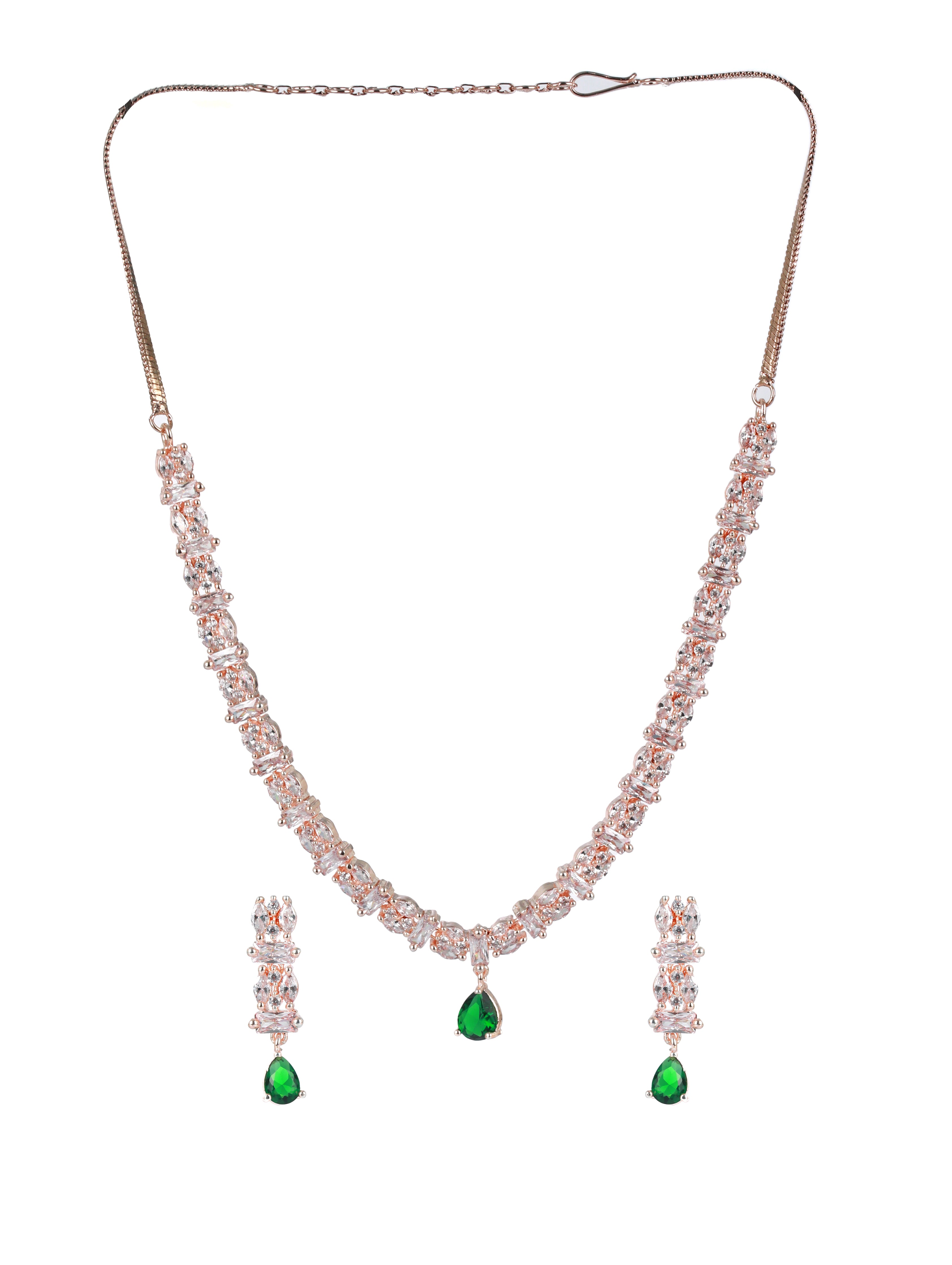 Rose Gold-Plated Green American Diamond & CZ-Studded Jewellery Set - Jazzandsizzle