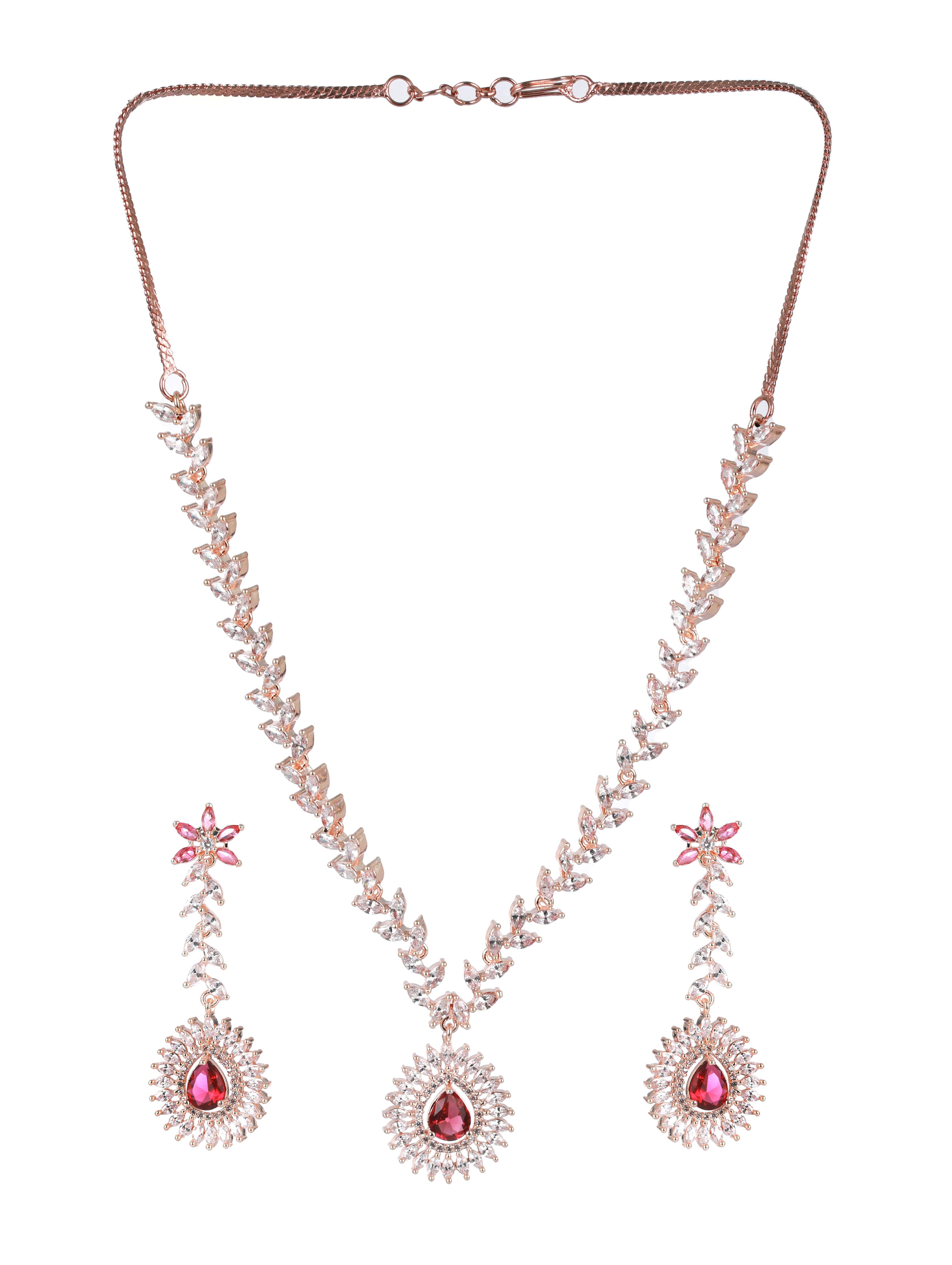 Rose Gold-Plated Red American Diamond & CZ Studded Handcrafted Jewellery Set - Jazzandsizzle