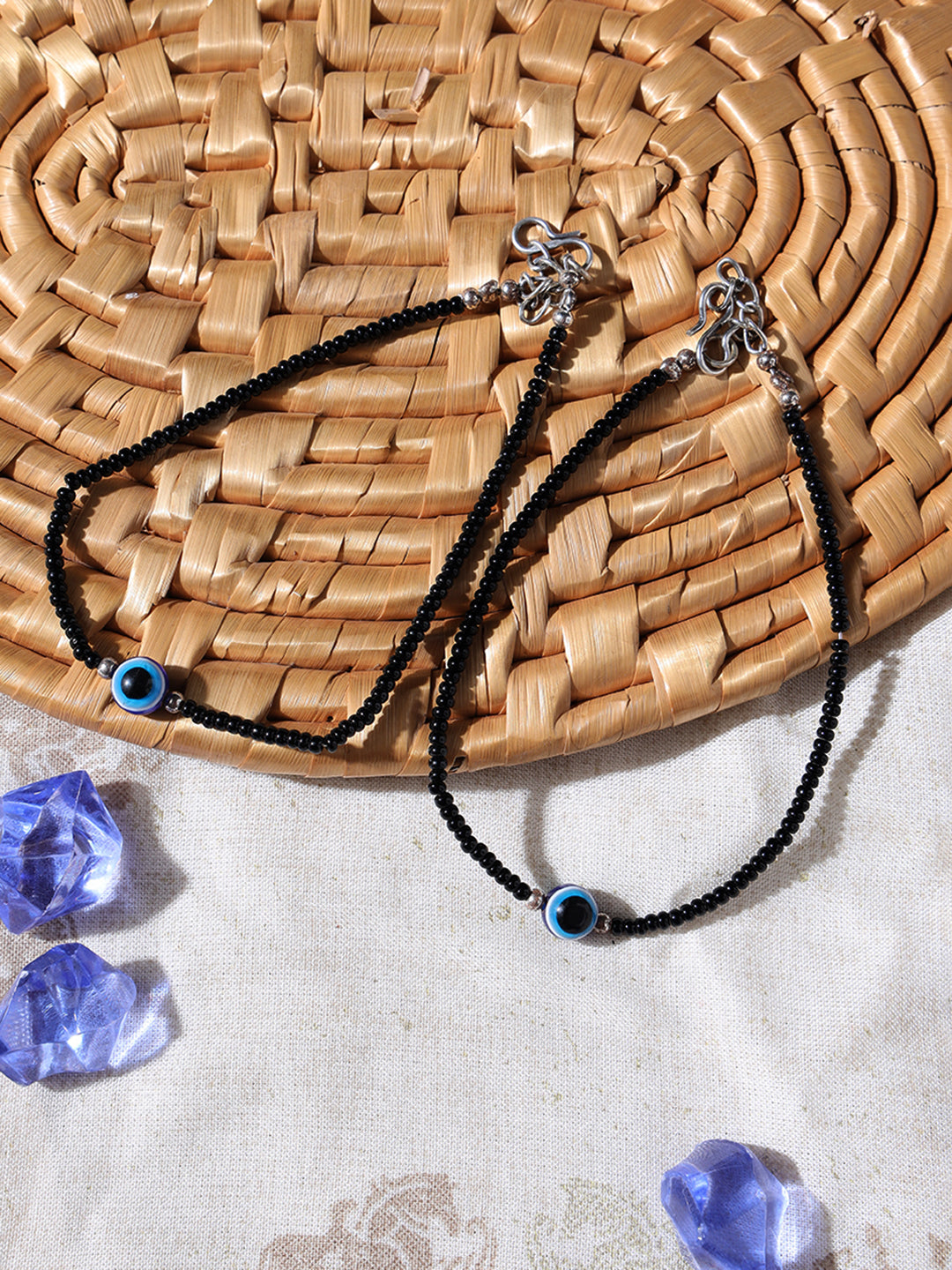 Black Beads Silver Plated Traditional Evil Eye Anklets - Jazzandsizzle