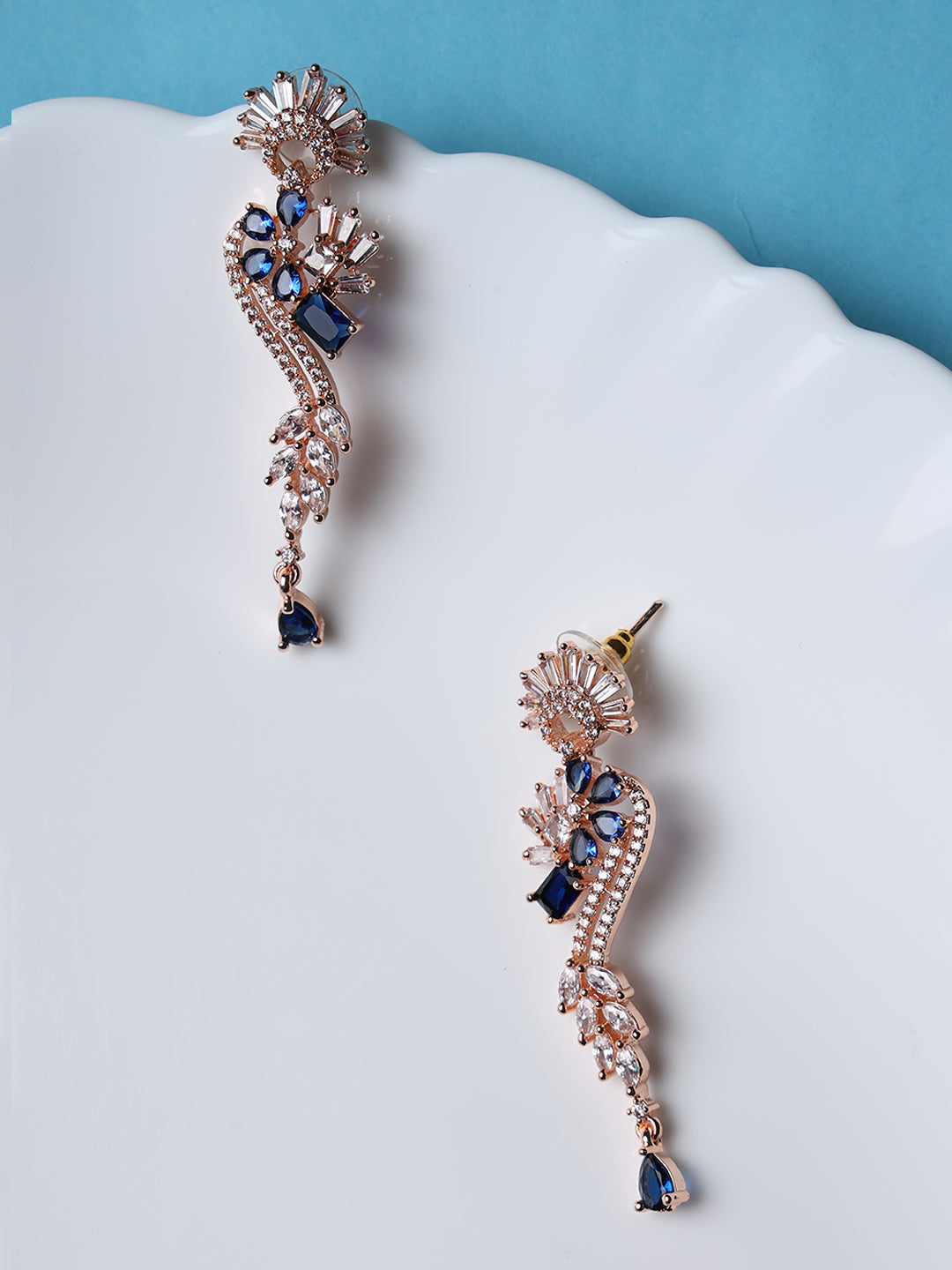 Rose Gold & Blue American Diamond Studded Floral Drop Earrings - Jazzandsizzle