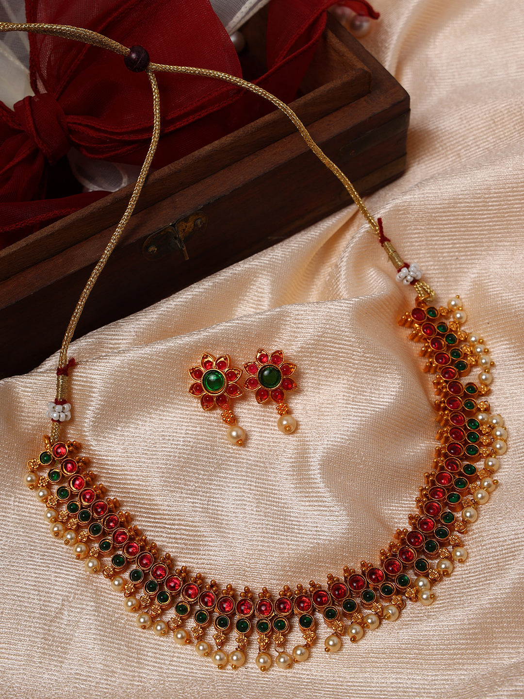 Pink & Green Gold-Plated Stone-Studded & Beaded Handcrafted Jewellery Set - Jazzandsizzle