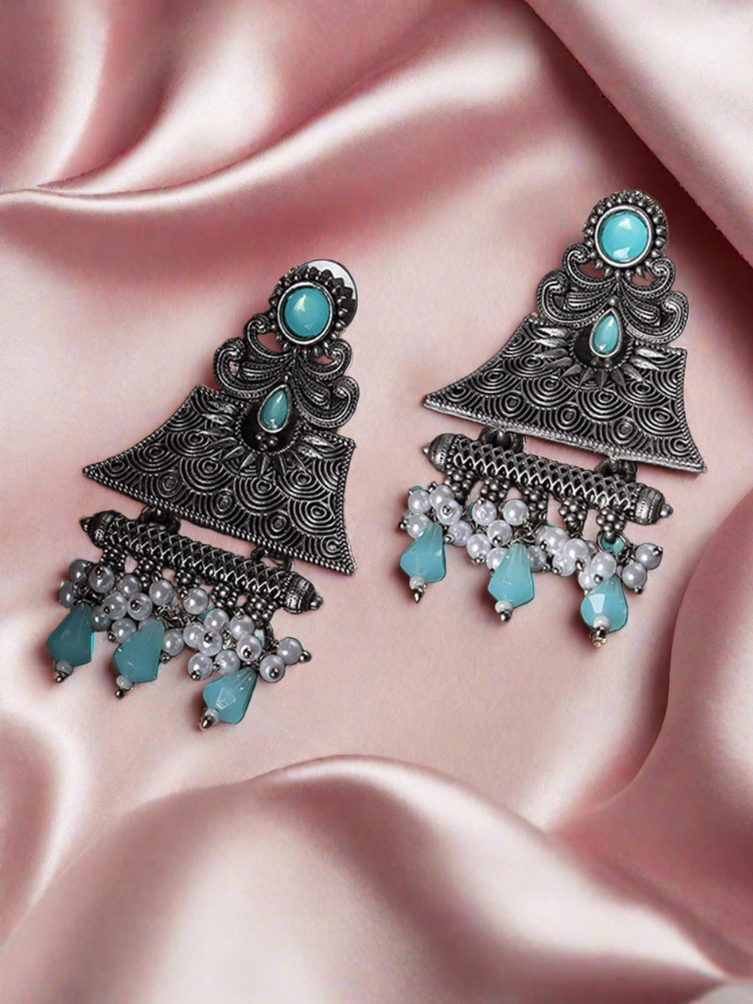 Silver-Toned & Turquoise Blue Dome Shaped Drop Earrings - Jazzandsizzle