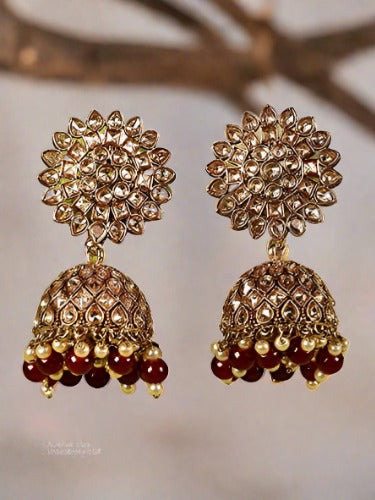 Gold-Toned & Ad studed Marron Beaded Contemporary Jhumkas - Jazzandsizzle